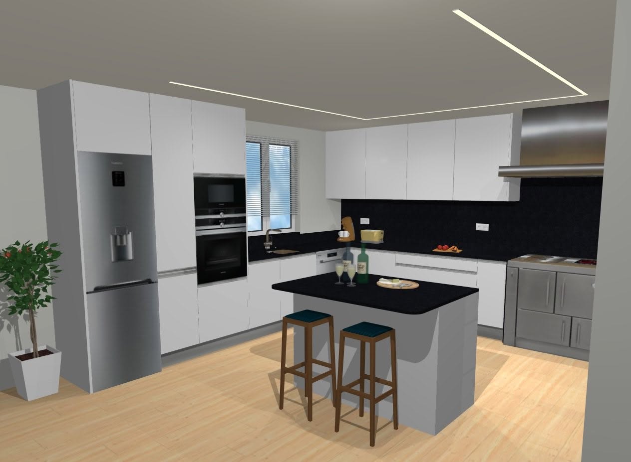 Projeto 3D de cozinha moderna com ilha central e linhas de LED