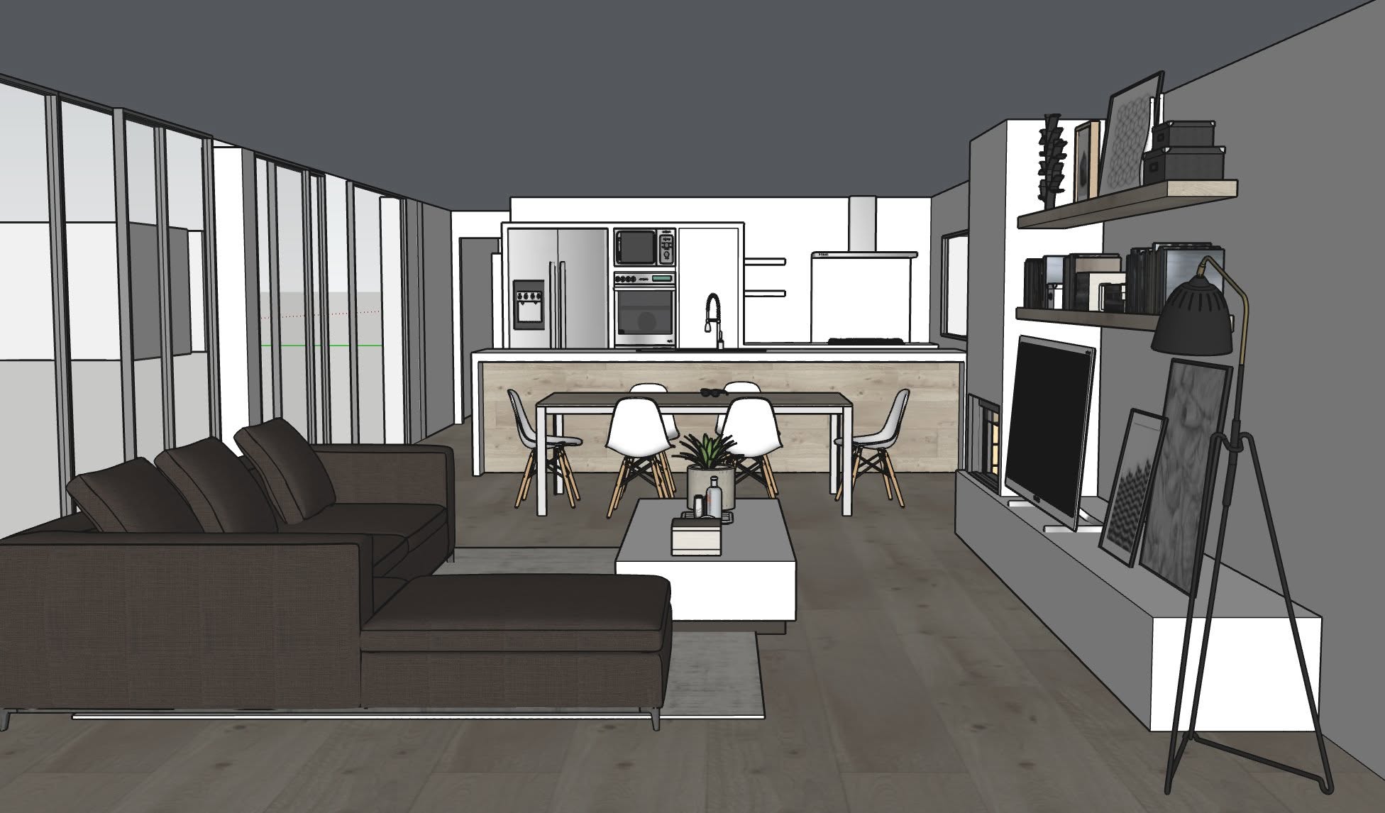 Projeto 3D de apartamento em open space com sala e cozinha integradas