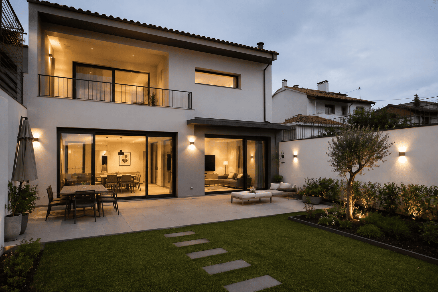 Moradia moderna construída no Porto com jardim, terraço e grandes envidraçados ao anoitecer