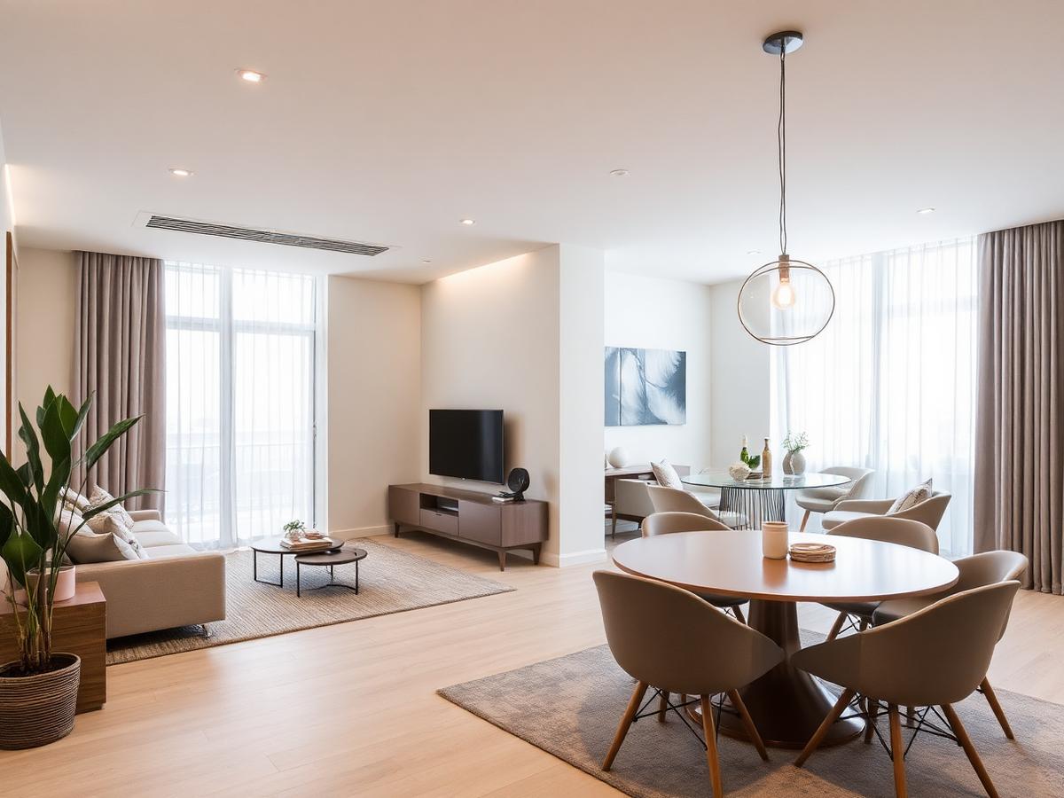Interior de apartamento remodelado com sala e zona de refeições em open space