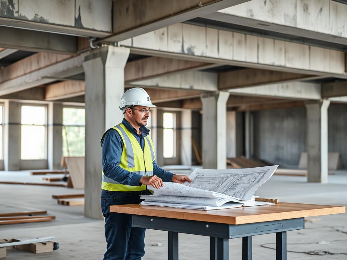 Engenheiro civil a analisar plantas técnicas em obra