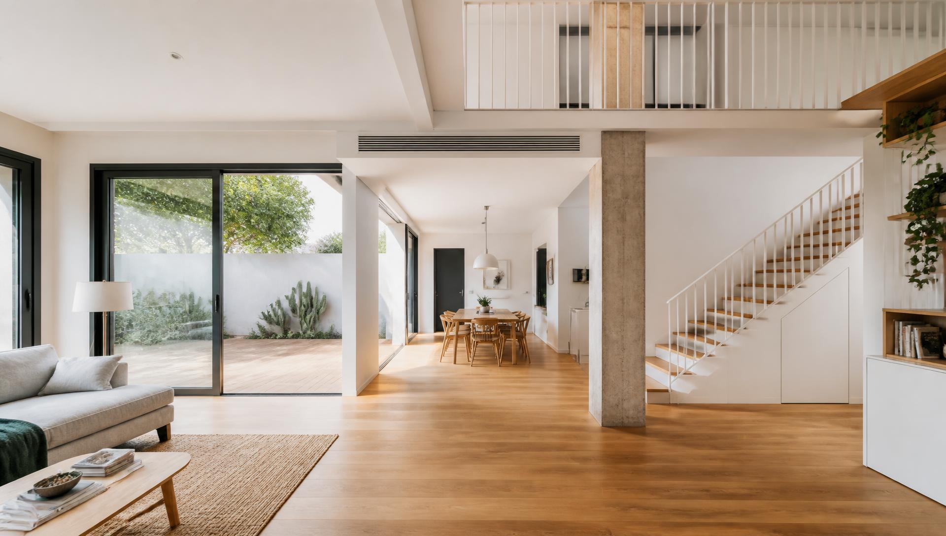 Interior de moradia remodelada com sala em open space, pavimento em madeira e luz natural