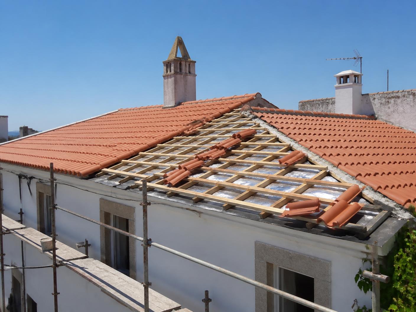 Reabilitação de telhado de habitação com estrutura de madeira, isolamento e telha nova